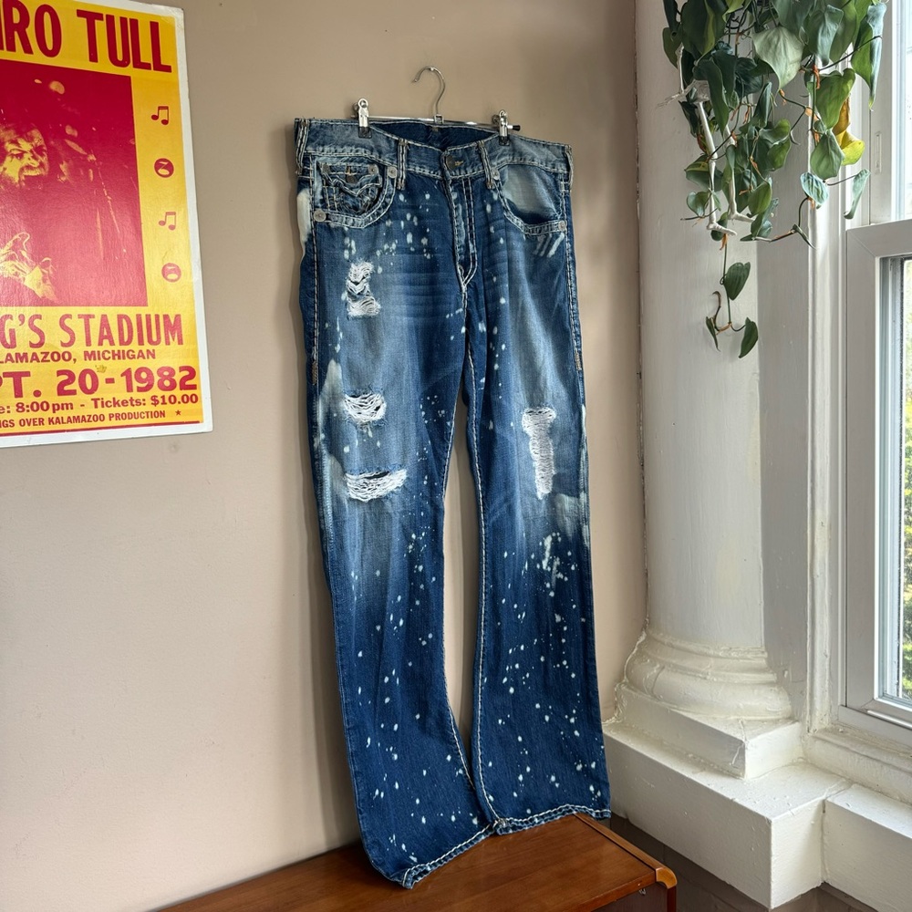 True Religion Super Ricky T Bleach Splattered Distressed Jeans Size 38